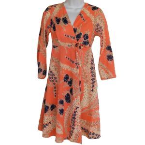 LORD & TAYLOR Robe, XXS, Wrap, Orange/Blue floral, long sleeves